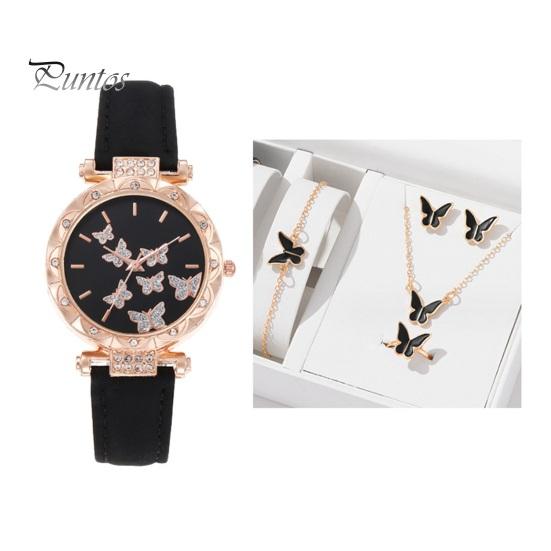 Rhinestone Butterflies Wrist Watch 1 Set Women Necklace Bracelet Ring Ear Studs Round Dial Faux Leather Strap Ladies Dress Fashion Jewelry Birthday чёрный