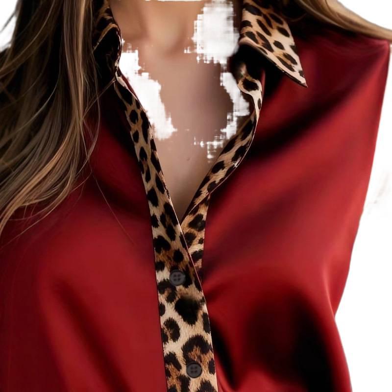 Leopard Print Satin Patchwork Long Sleeve Shirt for Women