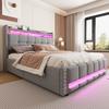 Upholstered Bed 160*200cm with LED Lighting and USB Socket, Headboard with Shelves and Storage, With Hydraulic for Storage, Linen Fabric Light Grey