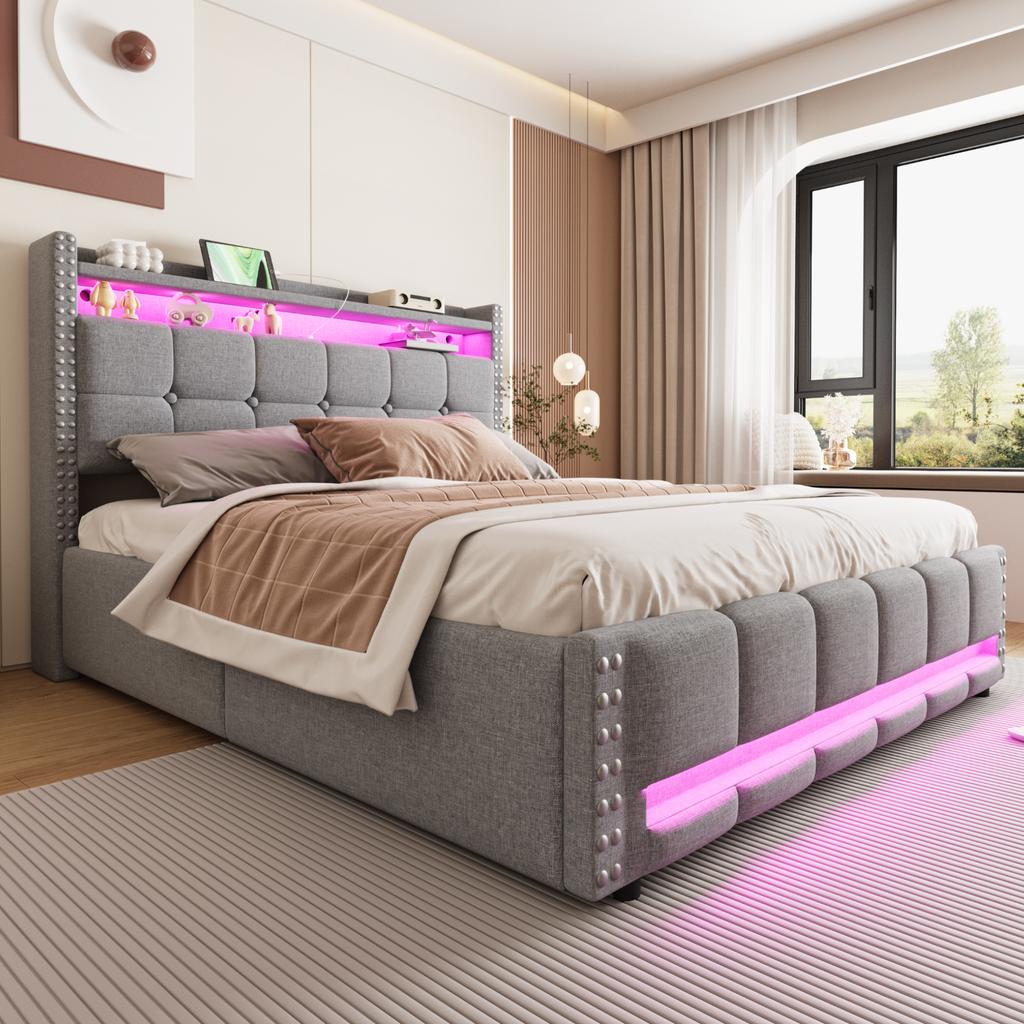 Upholstered Bed 160*200cm with LED Lighting and USB Socket, Headboard with Shelves and Storage, With Hydraulic for Storage, Linen Fabric Light Grey