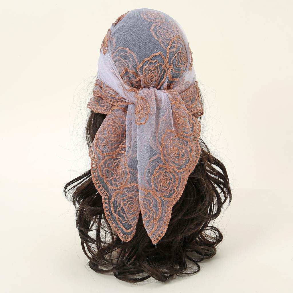 Embroidery Lace Muslim Hijab Square Scarf For Women Flower Headscarf Wrap Foulard Islam Turban Headband Bandana Headwear 80*80cm