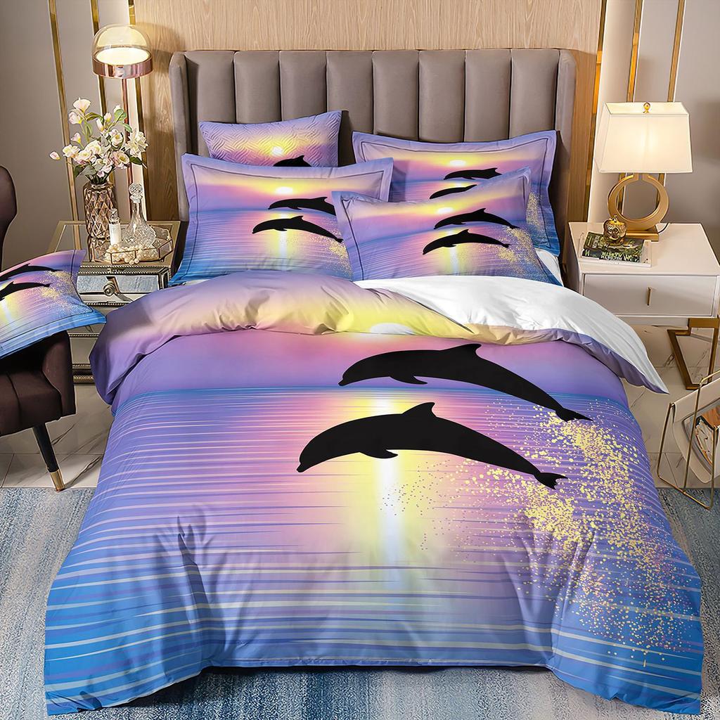 3D-gedruckte Heimtextilien Bettwäsche Delfin Meeresschildkröte Meerestier Quilt-Set Dreiteiliges Set