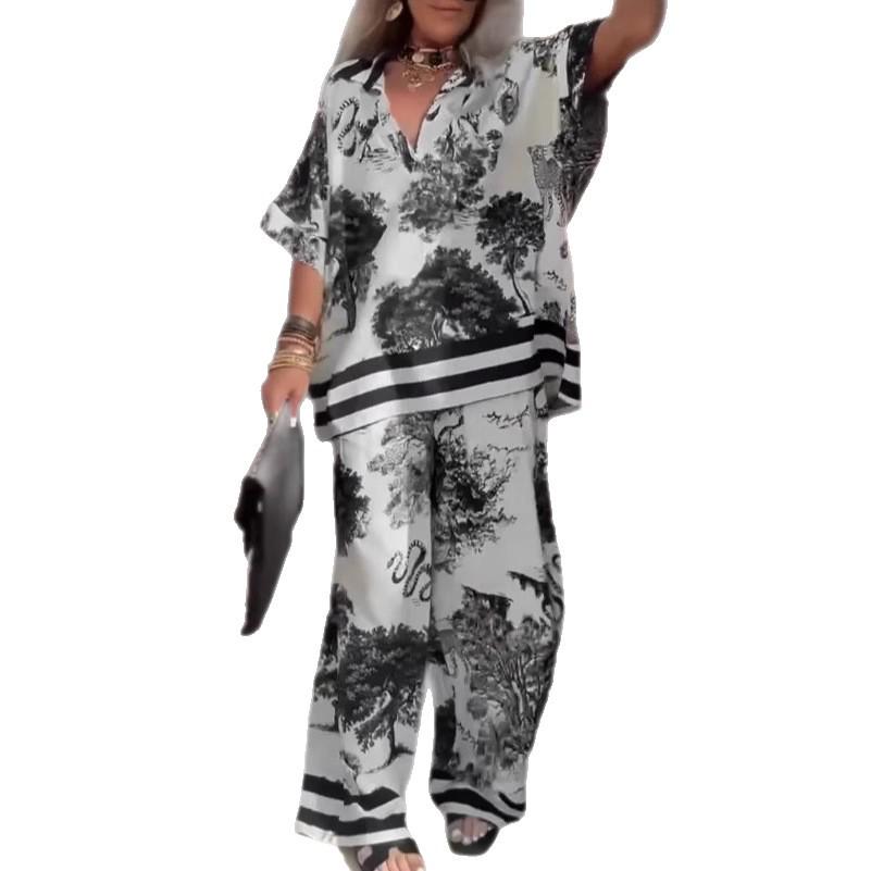 2025 Euro-American Casual V-neck Short-Sleeve Top & Wide-Leg Pants Set for Women