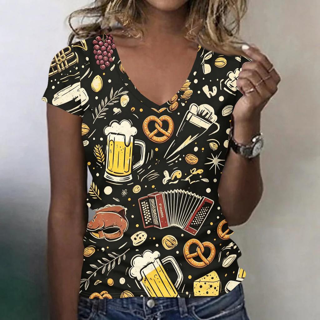 Women's Casual V Neck Short Sleeve T Shirt Oktoberfest Print Top Lightweight Comfortable Summer Tee