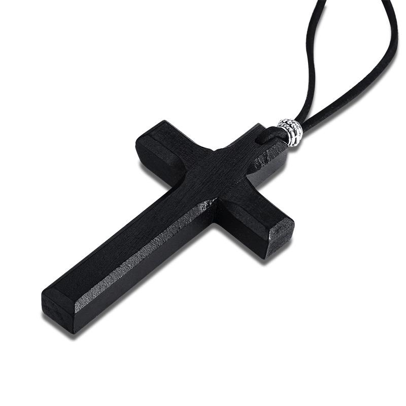 Men Wood Cross Crucifix Pendant on Cord Necklace чёрный