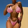 2Pcs/Set Women Bikini Set High Slit Swimming Trunks Adjustable Halter Strap 3D Hand-Sewn Flowers Bikini Bra Set Vacation Party Swimwear