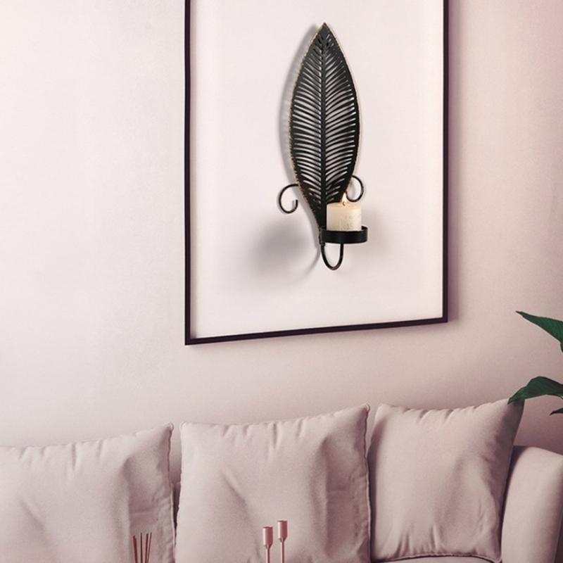 Elegant Black Metal Wall Candle Sconces, Leaf Shape Decorative Candlestick Candle Holders For Home And Event 2PCS