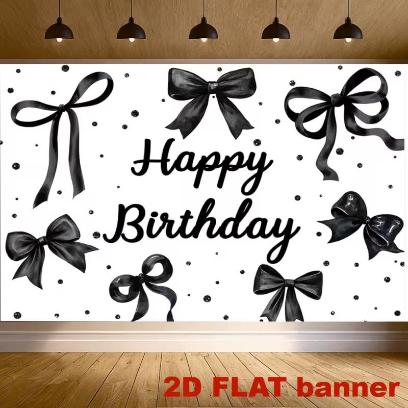 2D Minimalist Black Bow Backdrop - Monochrome Ribbon Banner for Modern Birthday Photoshoot