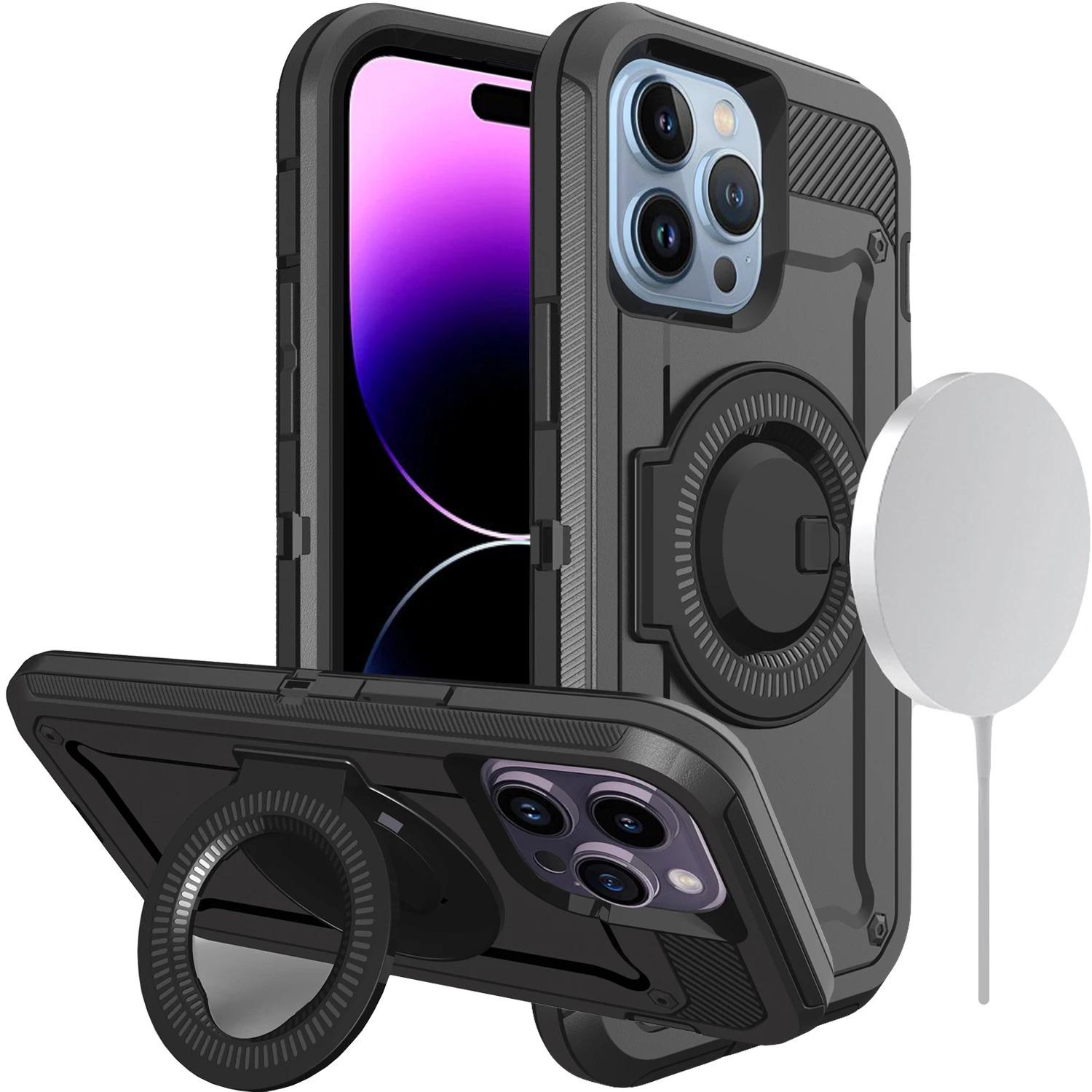 

Магнитный чехол для iPhone 15, 14, 13, 12 Pro Max со встроенной защитной пленкой MagSafe и подставкой. Прочный чехол для всего тела.