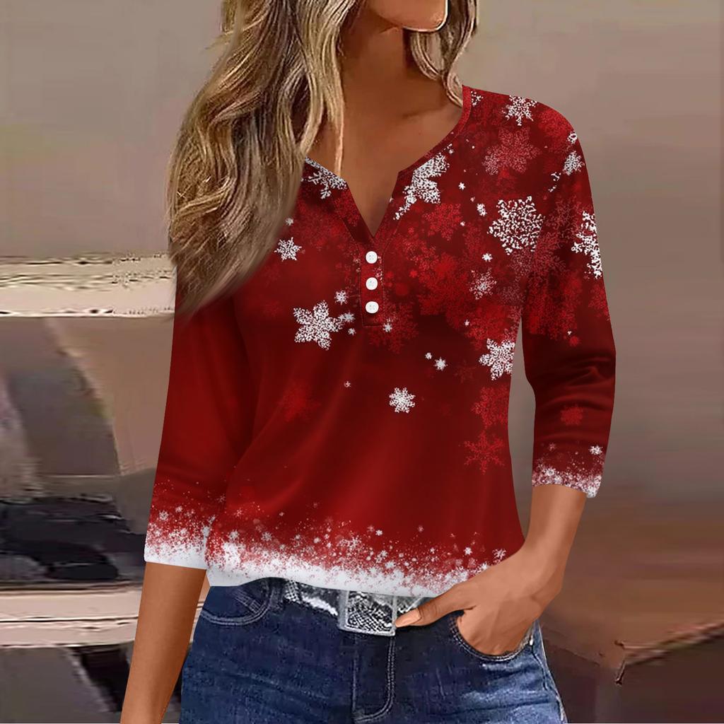 Women's Casual Fashion V-neck Loose Versatile Christmas Print Three-quarter Sleeve Top