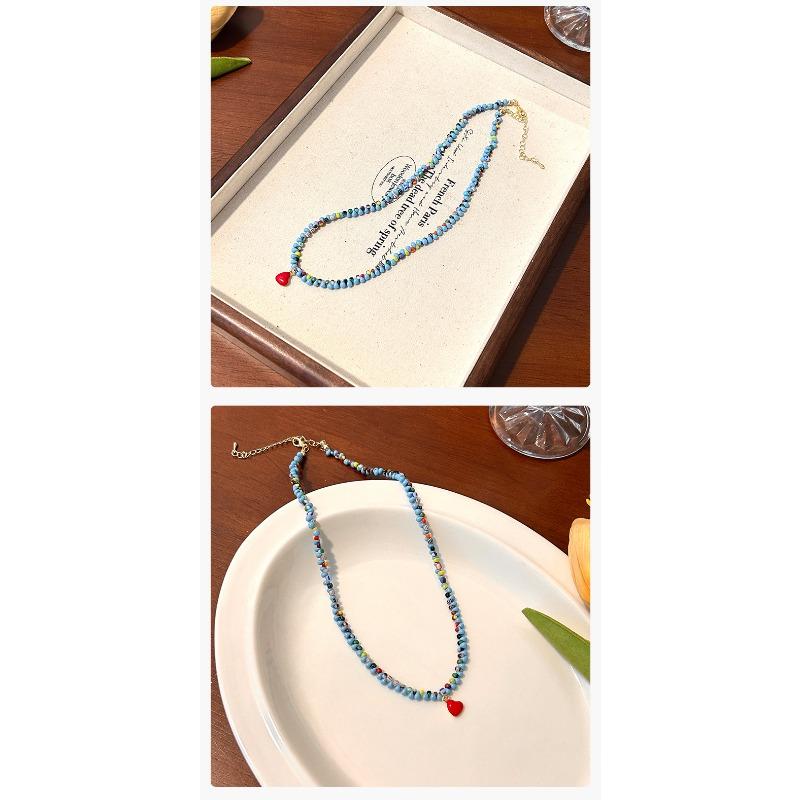 Vintage Blue Beaded Red Heart Ins Style Clavicle Necklace For Women