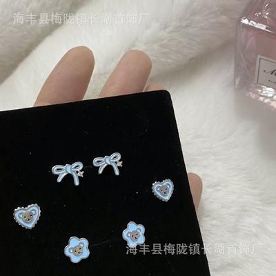 Super Cute Blue Love Flower Dripping Oil Bear Earbone Nails Titanium Steel Ear Raising Free Cochlear Nails Girl Bow