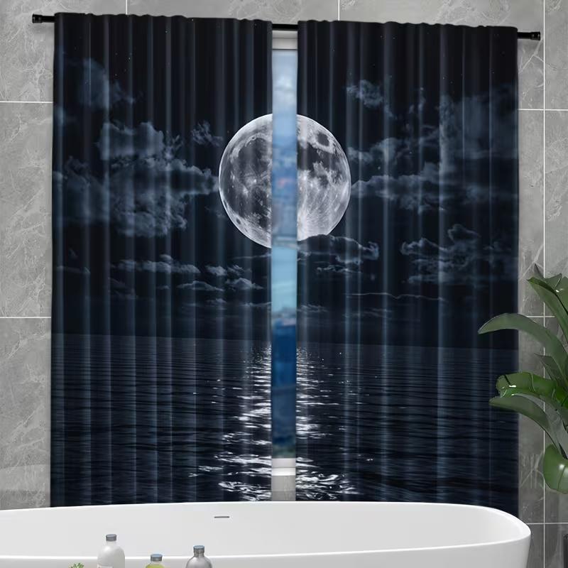 2Pcs Night View of the Sea Print Curtains  Suitable for Bedroom  Living Room Kitchen Decoration  Home Decoration  Window Decoration
