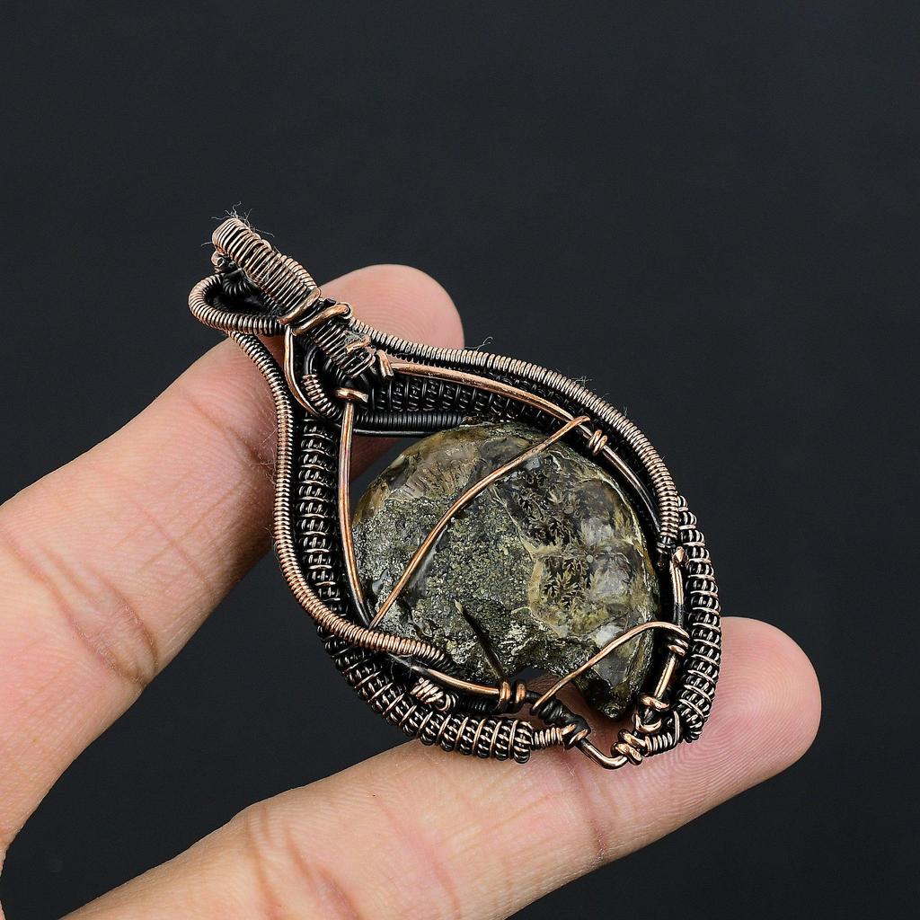 Ammonite Fossil 999 Copper Wire Wrapped  Pendant, Handmade Gemstone Jewelry Pendant For Memorial Day