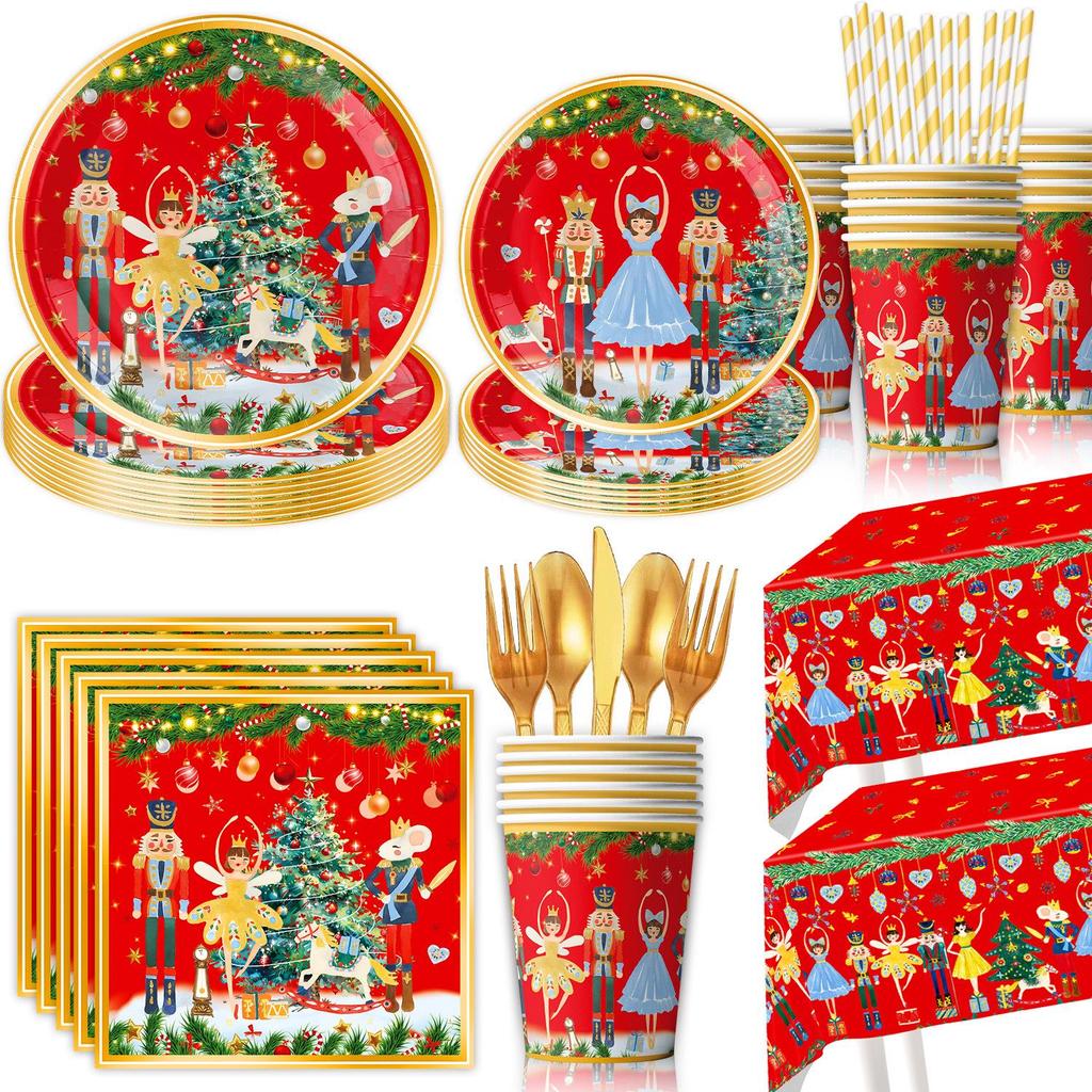 Christmas Theme Children's Party Disposable Tableware Set: Cups, Napkins, Tablecloth, Flags