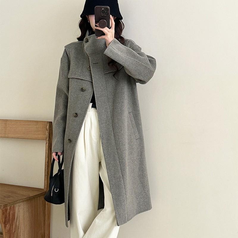 

] Премиальное серое двустороннее шерстяное пальто женское зимнее пальто с воротником-стойкой, дизайнерское, средней длины L