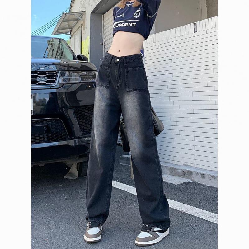 Autumn Women's High-Waist Washed Black Retro Wide-Leg Jeans