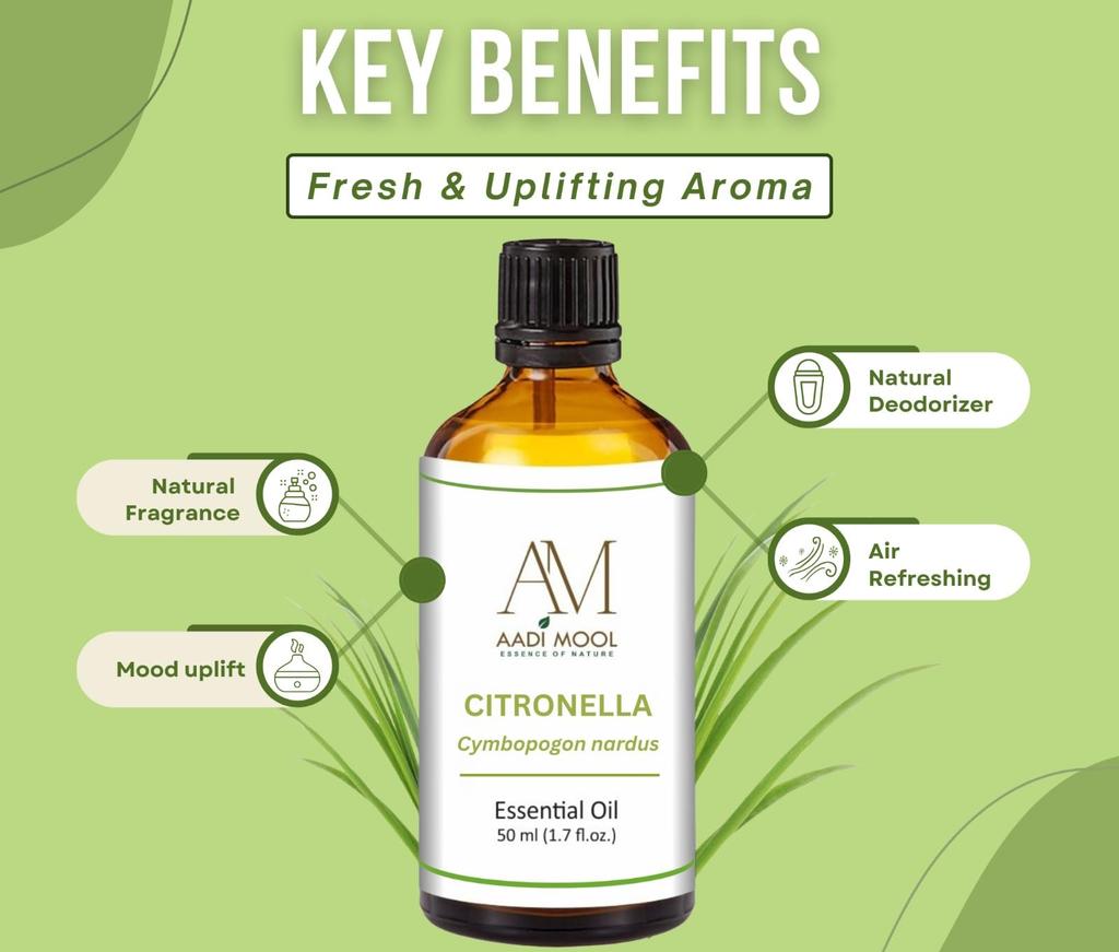 Aadi Mool Citronella Oil for Diffuser, Home & Skin Care | Citronella Essential Oil for Aromatherapy, Massage & Outdoor Use | Citronella Oil for F