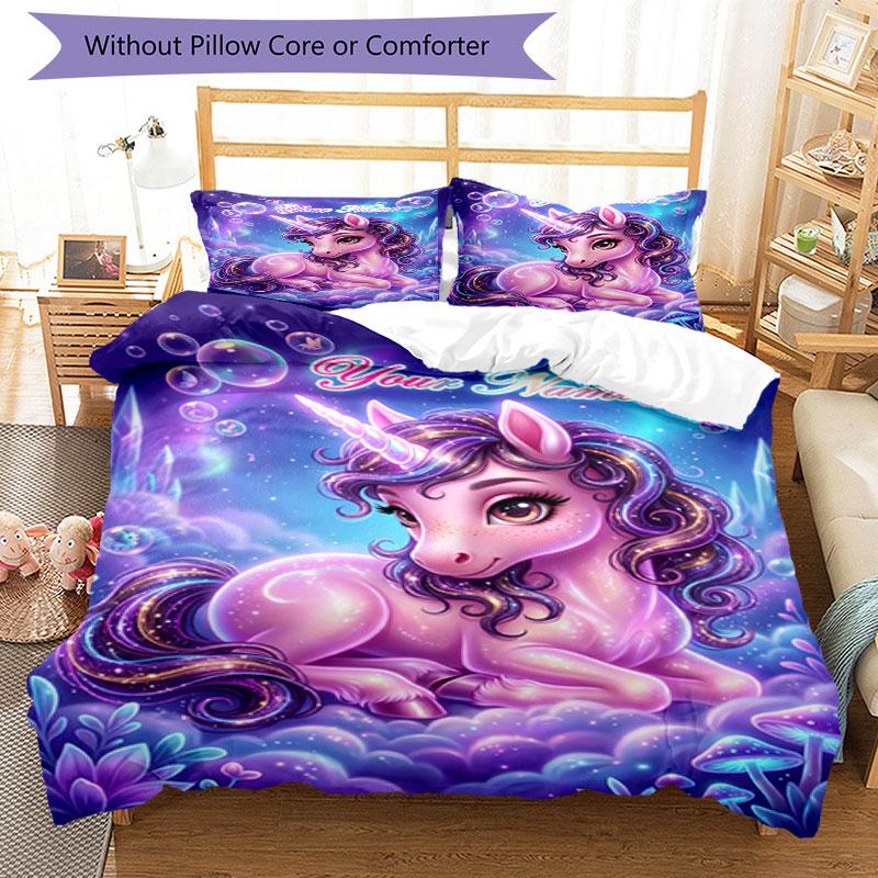 3PC Custom Name Unicorn Fantasy Artwork Bedding Set Duvet Cover Closure Includes 1 Duvet Cover & 2 Pillowcases for Bedroom