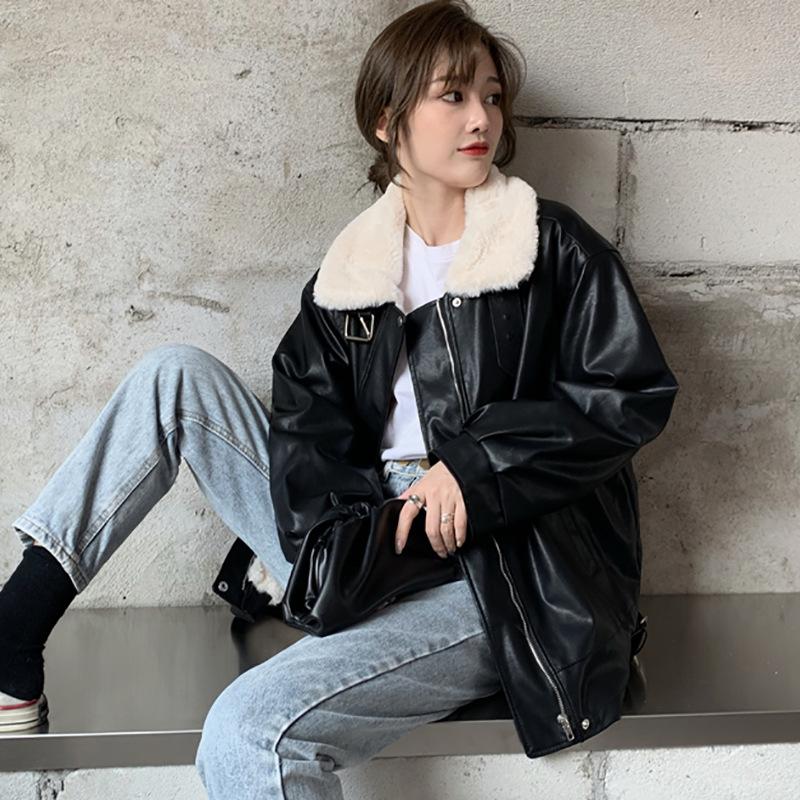 Leather Jacket Women's Velvet Thickening Autumn and Winter New PU Fur One-piece Korean Version Warm Loose Casual Motorcycle Jacket