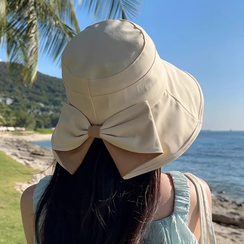 Women Big Bowknot Bucket Hat Solid Color Wide Brim Sun Protection Fisherman Panama Cap Sweet Girl Female Travel Beach Visors Hat