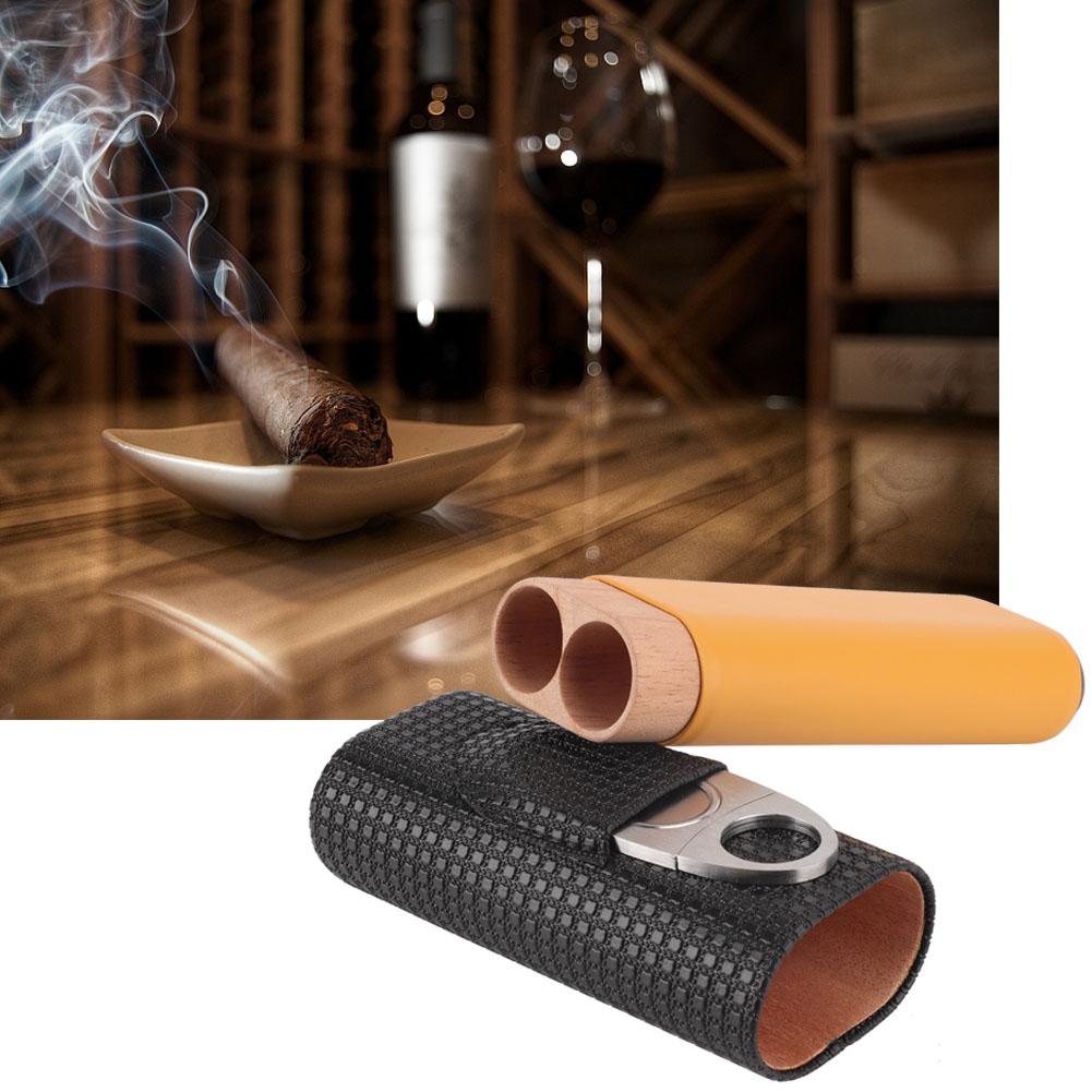 Black Leather Cedar Wood 2 Tube Travel Cigar Case Humidor with Cigar Cutter