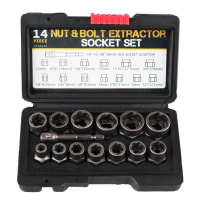 Stal Cr-Mo 6,35 mm-19 mm Narzędzia ręczne z adapterem nasadki sześciokątnej do wyciągania uszkodzonych śrub Zestaw narzędzi samochodowych 14 sztuk Wodoodporny zestaw nasadek do usuwania nakrętek śrubowych