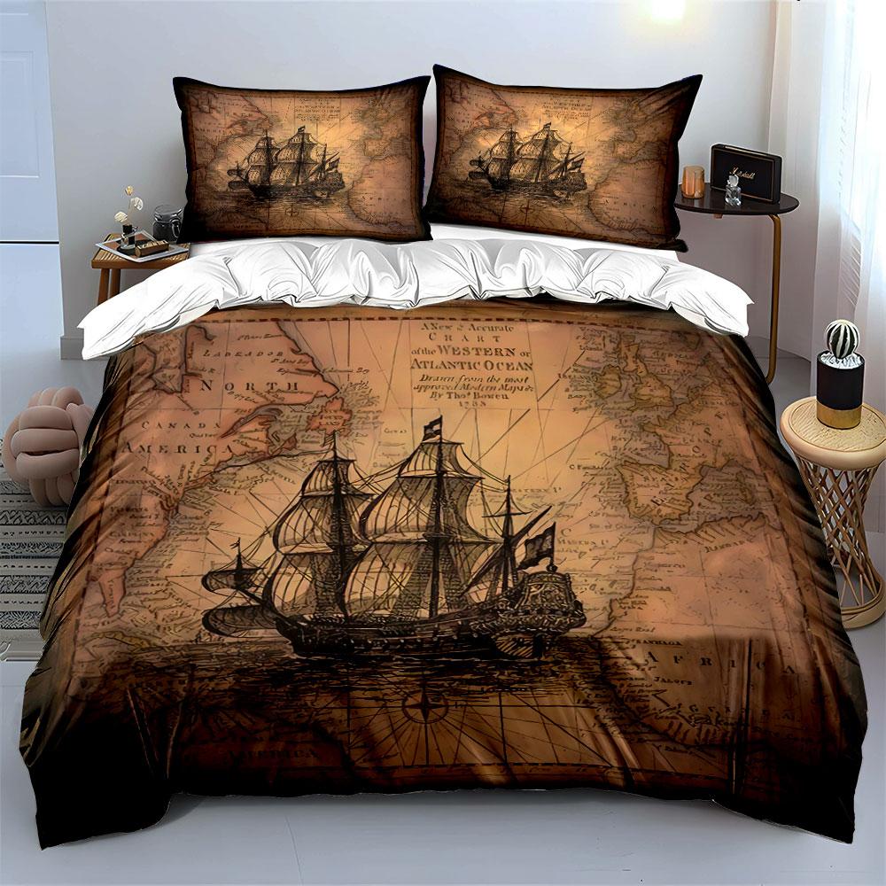 Vintage Ship & Map Design Bedding Duvet Cover Set Duvet Cover Pillowcases  (1*Duvet Cover 2*Pillowcases, Without Duvet Insert)