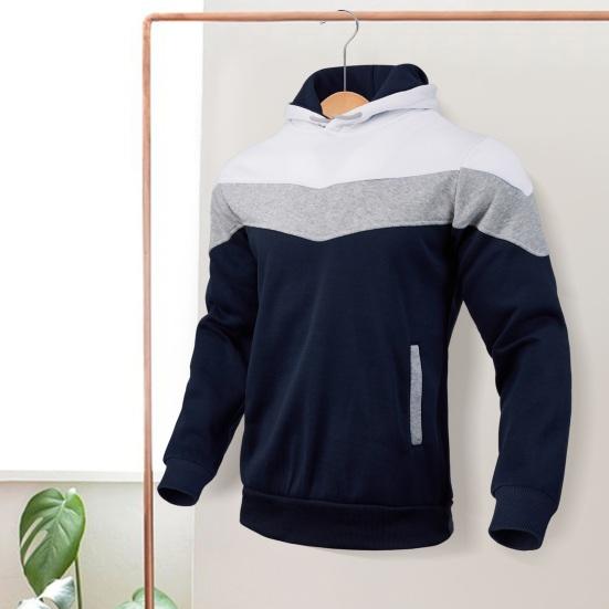 Men Fall Winter Hoodie Colorblock Drawstring Thick Plush Long Sleeves Big Pocket Hooded Retro Thin Loose Daily Wear Casual Sport Top