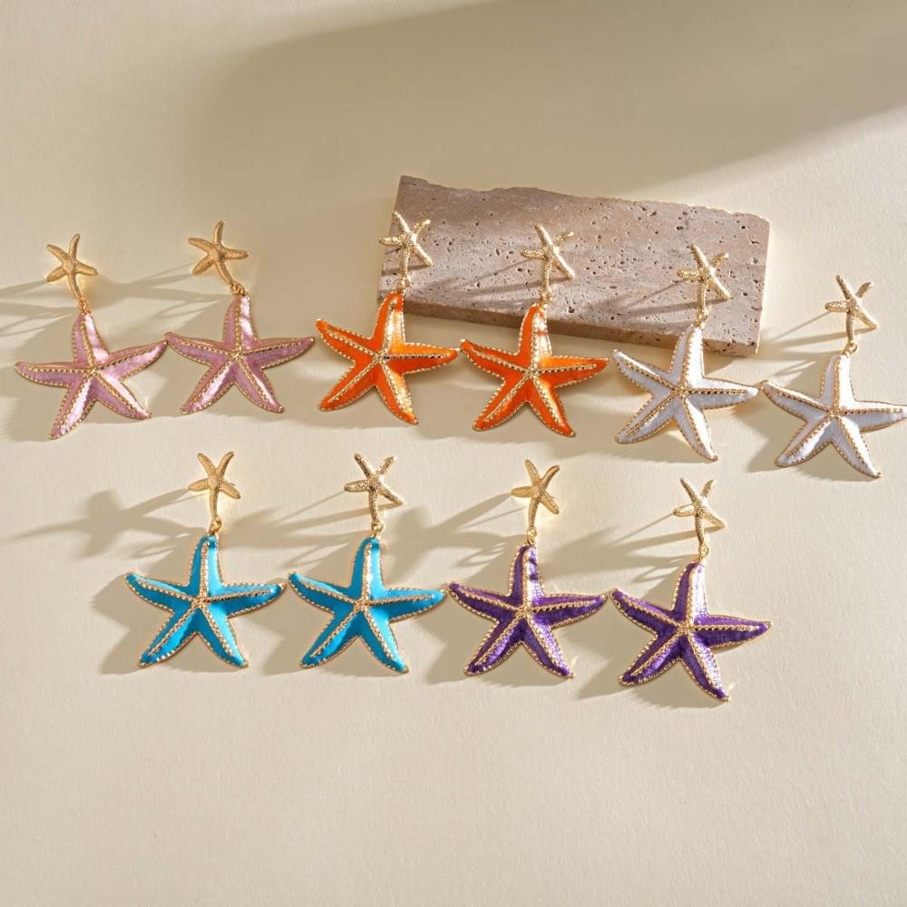 Bohemia Style Starfish Metal Stud Earrings Ear Pendant Iron Material Starfish Dangle Earrings Star Ocean Theme