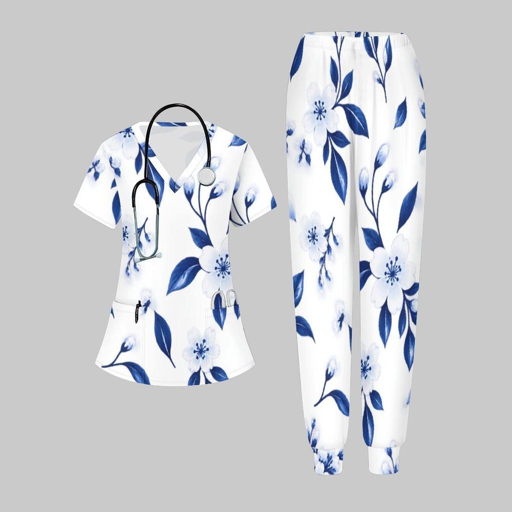 Women Plus Size Rose Printed Nurse Scrub Set V Neck Short Sleeve Pocket Top Long Pants