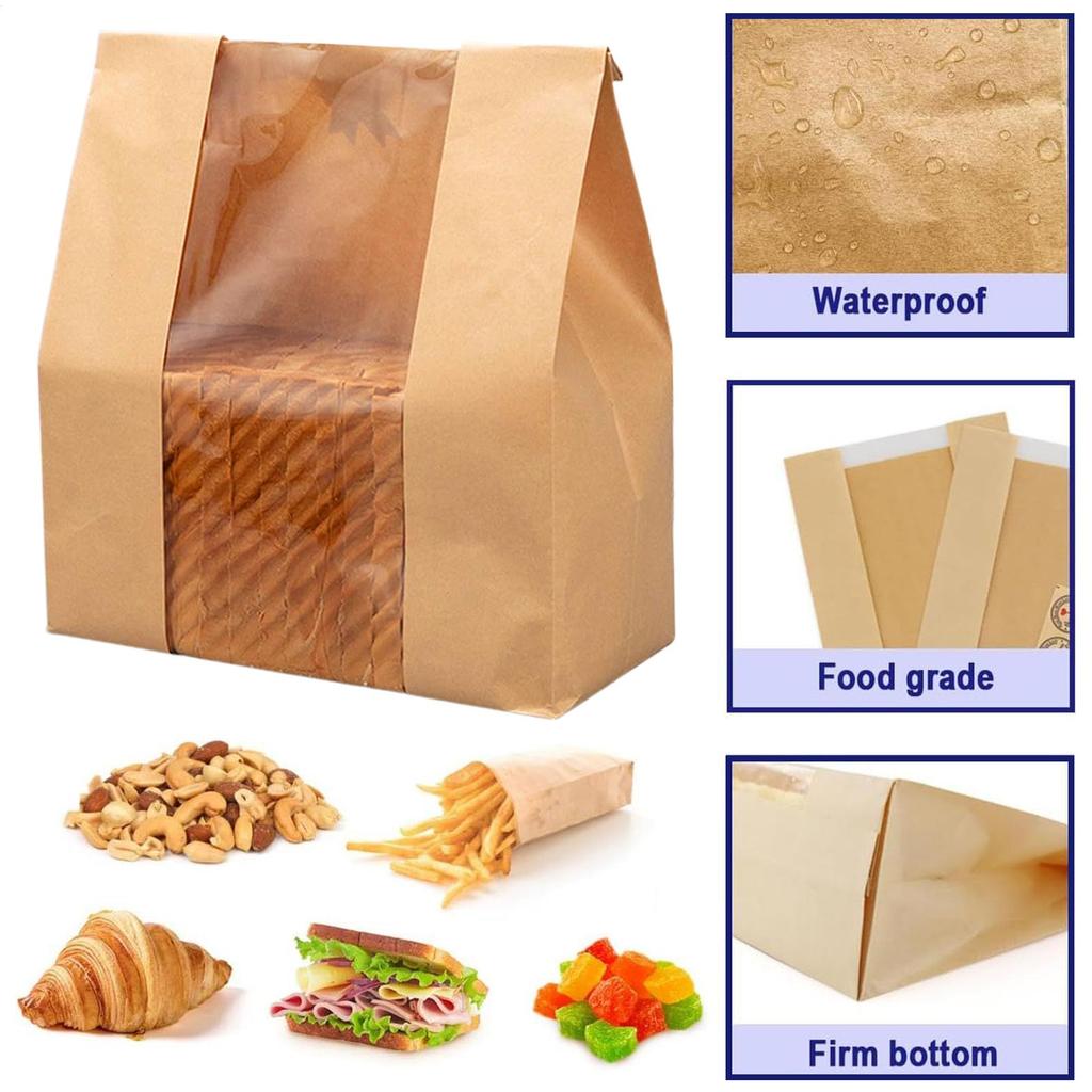 50pcs Kraft Paper Bag Toast Bag Packaging Bag Self Sealing Bread Bag Baked Food Wrapping Pouches Biscuits Cake Bag Free Sticker
