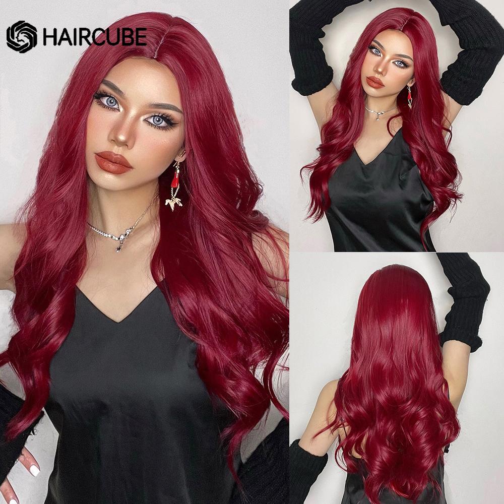 HAIRCUBE White Platinum Mixed Brown Synthetic Wigs Long Wavy Natural Hair Wigs for Women Middle Part Daily Heat Resistant Wigs