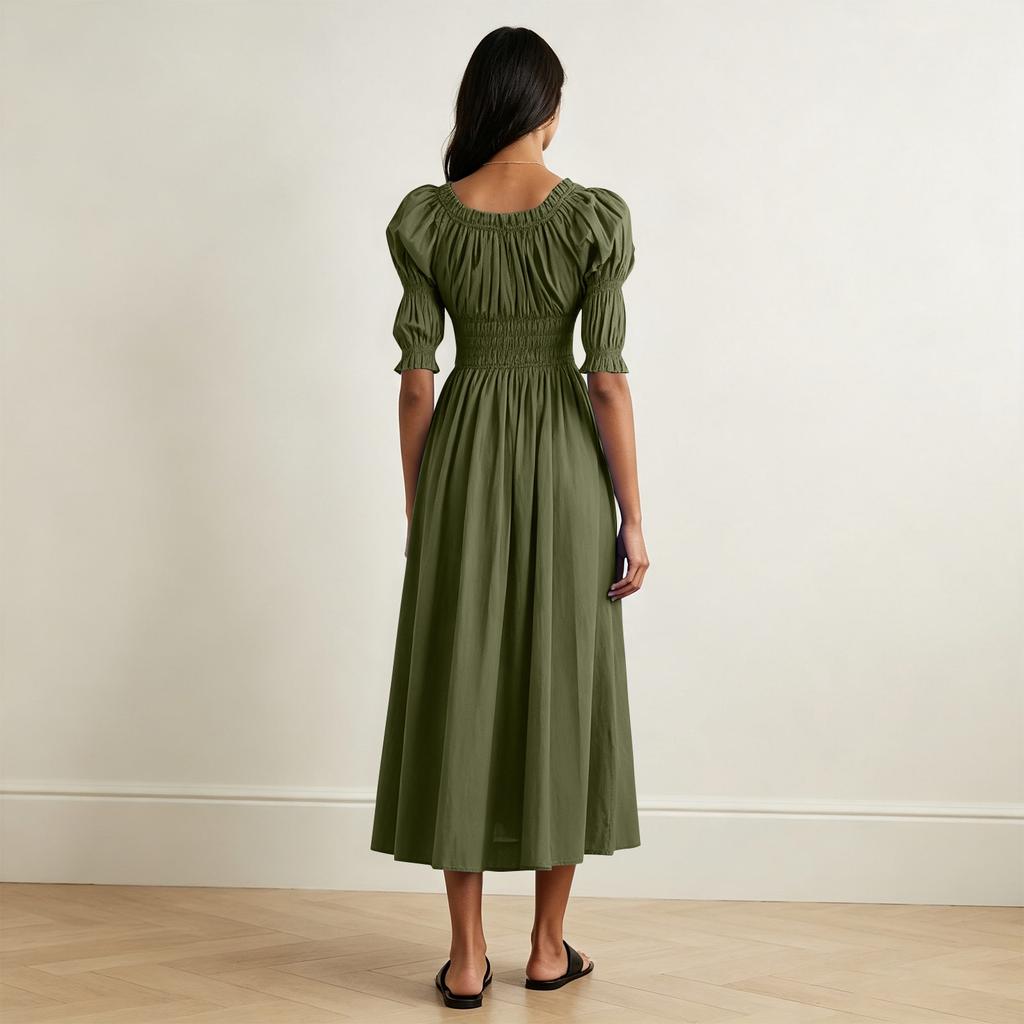 Women's Round Neck Long Dress with Puffy Sleeves and Self-Tie Waist