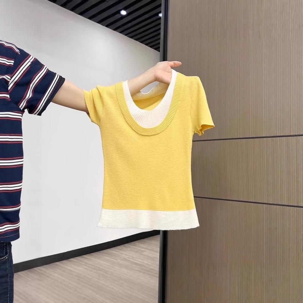Milk White Fake Two-piece Contrasting Color Women 2026summer New Sweater with Unique Design and Small Top