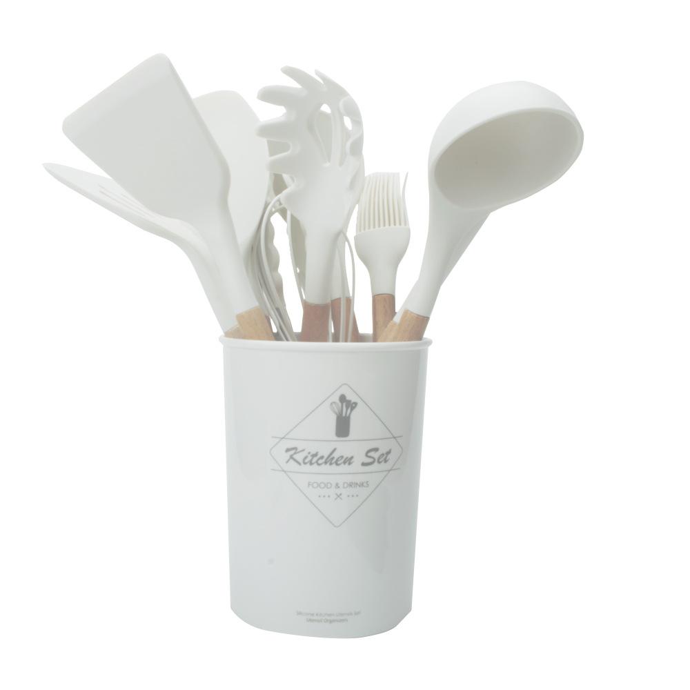 Set Di Utensili Da Cucina In Silicone 12 Pezzi - Antiaderenti, Resistenti Al Calore (-30°C A 230°C) Con Manico In Legno, Bianco
