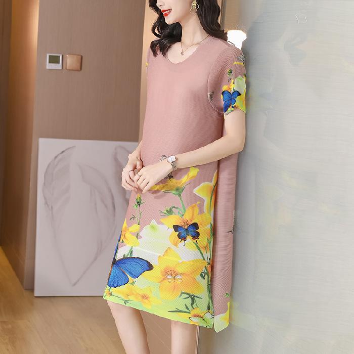 

Pleated dress summer new fashion loose and thin temperament printed short sleeve large size women s skirt 3XL рожевий