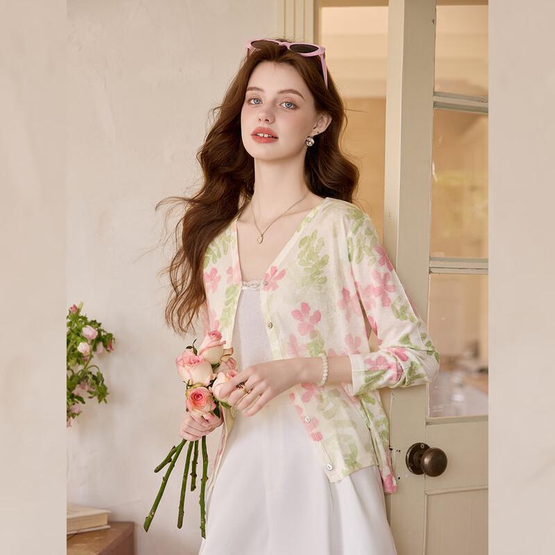 Women s Floral Print V-Neck Knit Cardigan L