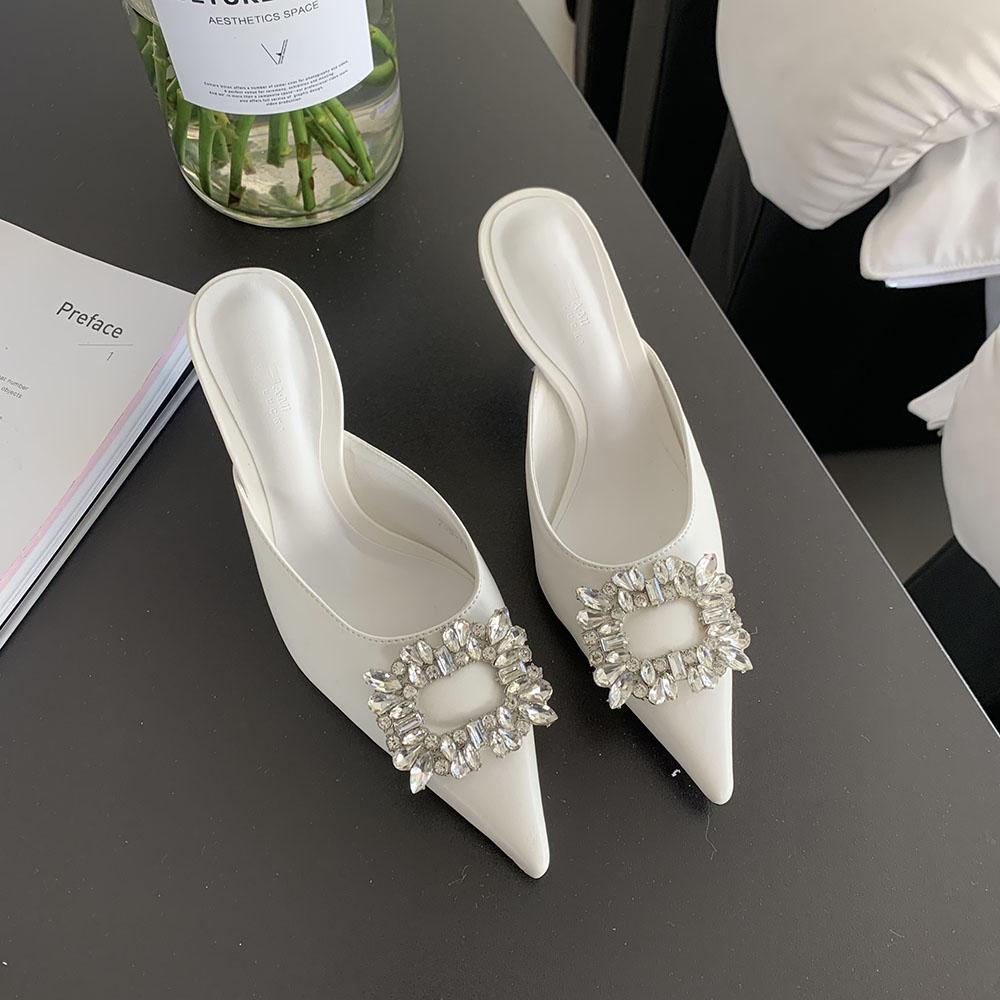 fashion Gold White Black Silver Summer Outside Dress Shoes Thin High Heels Rhinestone Crystal Buckle Sexy Pumps Shoes Woman Size 35-39