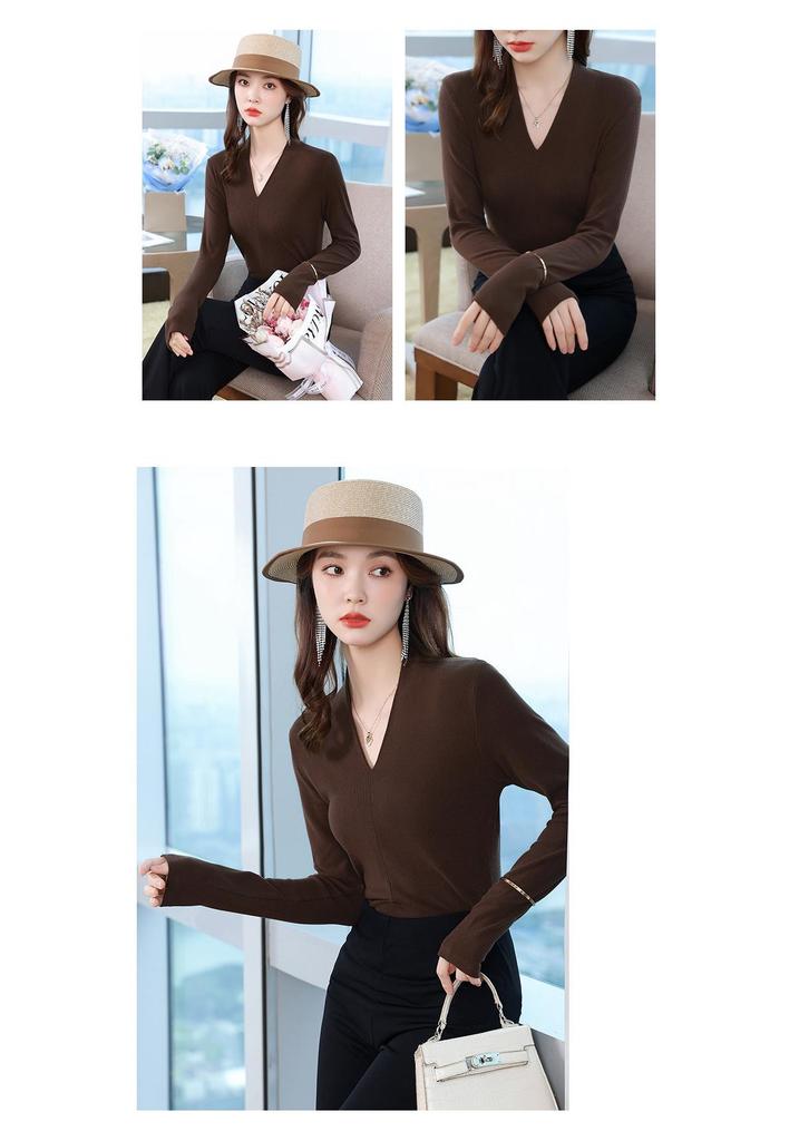 Women's Black V-neck Faux Cashmere Base Layer Top - Elegant, Slimming Autumn Outerwear for Small Suits