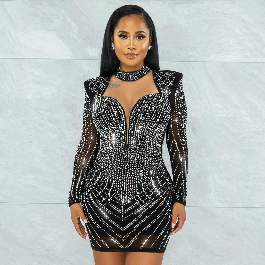 Seksowna sukienka na imprezę w klubie nocnym z głębokim dekoltem w serek, z siateczki diamentowej, przezroczysta, damska odzież