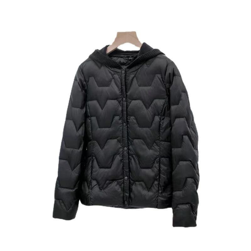 Short down jacket women's knitted hoodie, simple commuting, light and warm, light and thin stand-up collar.