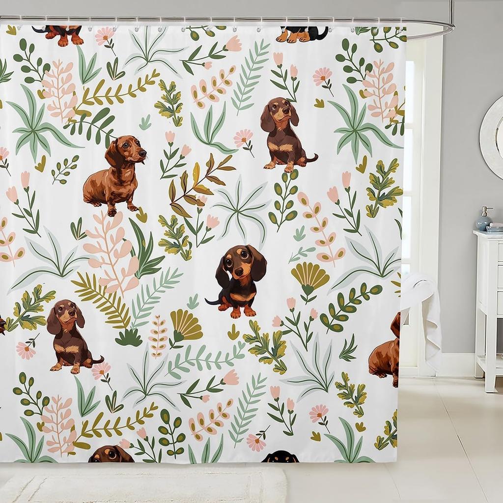 Cartoon Husky Shower Curtains,Cute Dog Animal Kawaii Family Puppy Pet Bath Curtain,Boho Floral Leaves White Waterproof Fabric