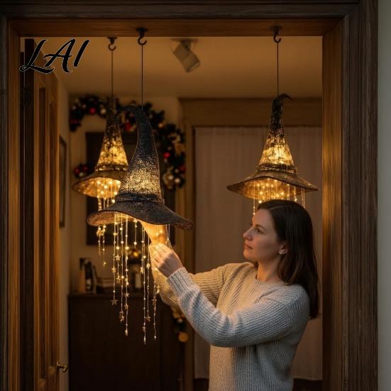 Décorations d'Halloween Intérieures Chapeau de Sorcière Lumineux Décor Suspendu Sorcier Lumineux LED Guirlande Frange Étoile Scintillante Porche Extérieur Plafond Effrayant
