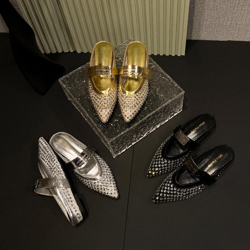 Summer Women Slippers 2025 New Rhinestone Leisure Slipper Retro Pointed Toe Metal Buckle Fashion Half Slipper Sandalias De Mujer