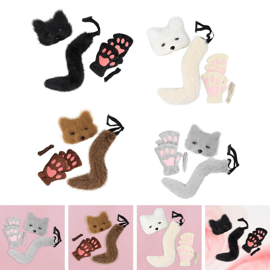 Mask and Tail Set Lovely for Women Girls Animal Tail Glove Set for Carnival Role Play Prom Stage Performance Halloween Party