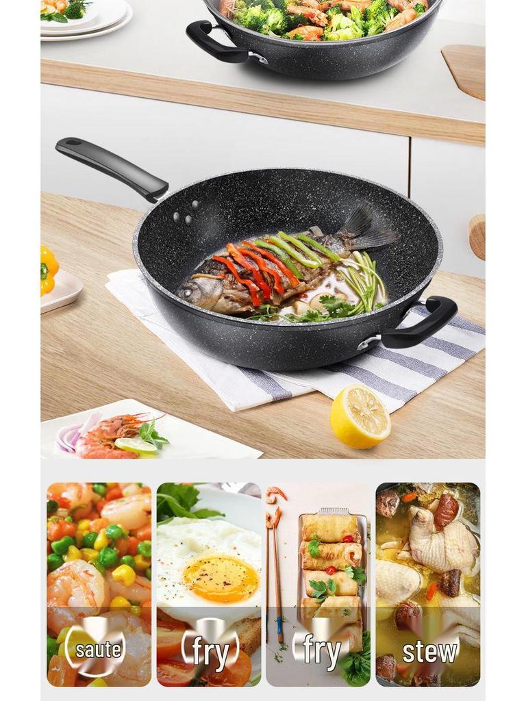 Maifan Stone Non-stick Wok Stir-fry Pan, Thickened Flat-bottom, Multi-layer Die-cast, Universal Stove Compatible.