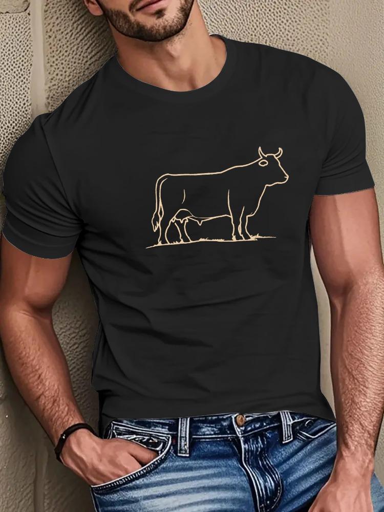 Unisexs Soft Cotton Tee Simple Cow Calf Outline Print Gift For Farm Ranch Lover Country Male Casual Short Sleeve Daily Outfit Tops
