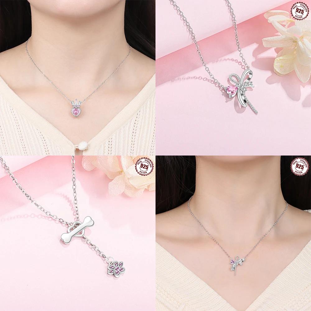 Pink Crown Necklace Rose Flower Women's Butterfly Necklace Bone Tassel Jewelry Original 925 Silver Valentine Gift Anniversary