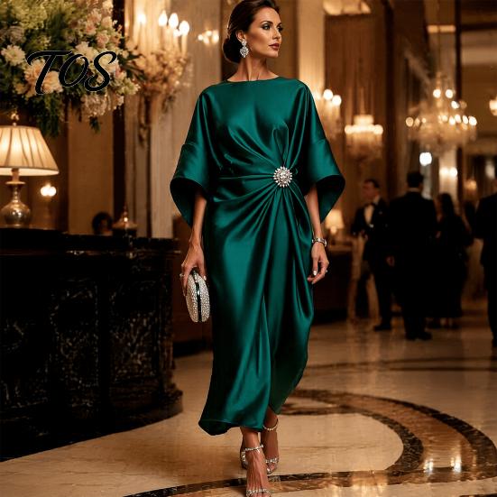 Langer Faltenrock Damen Damen Satin Fledermausärmel Maxikleid, Strassakzent Rundhalsausschnitt Leichtes Sommerkleid Abendparty A-Linie